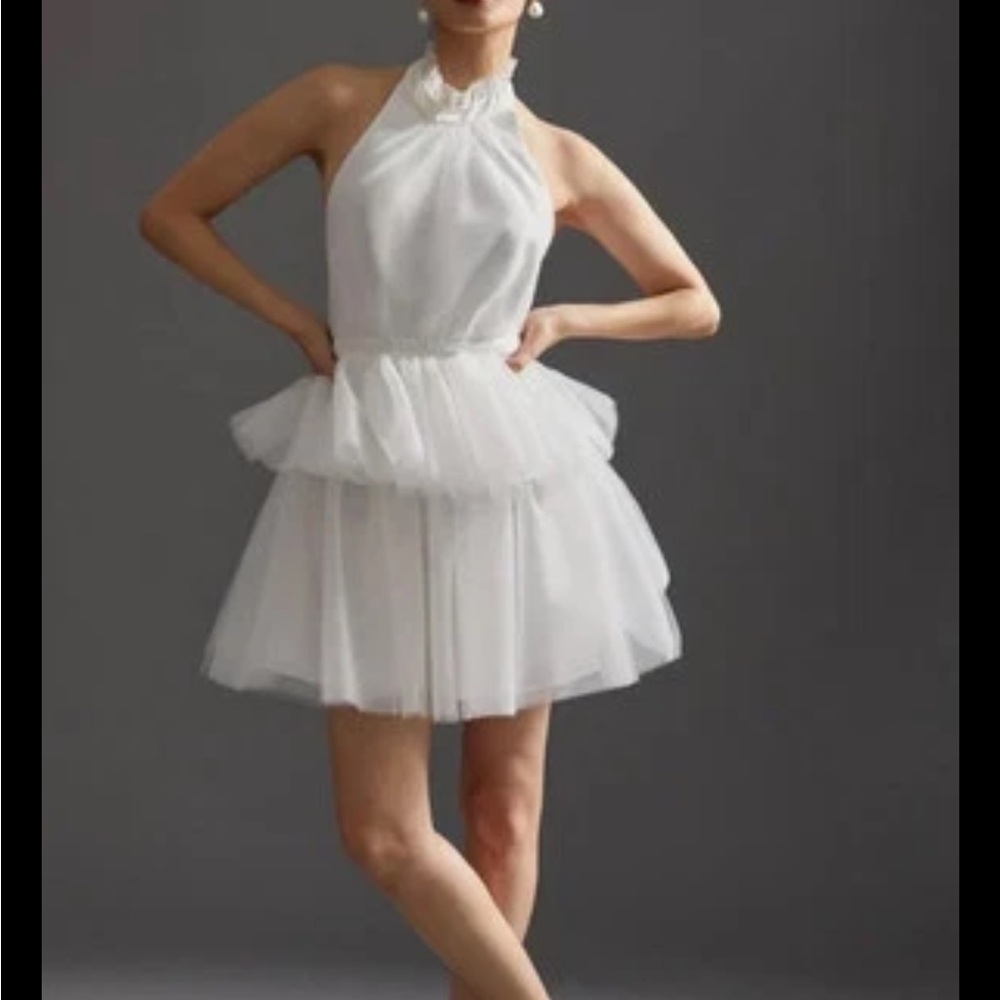 Anthropologie Hutch White Ruffled Tiered Halter Mini Dress